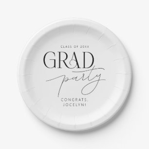 Black White Personalised Minimalist Grad Party Paper Plate