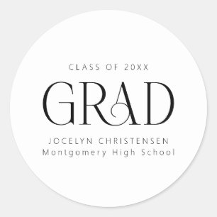 Black White Personalised Modern Grad Graduate Classic Round Sticker