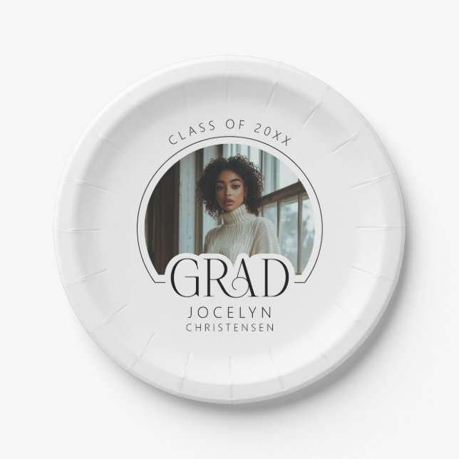 Black White Personalised Photo Grad Party Paper Plate (Front)