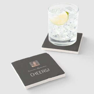 Black White Personalised Photo Name Script Stone Coaster