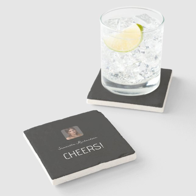Black White Personalised Photo Name Script  Stone Coaster (Side)