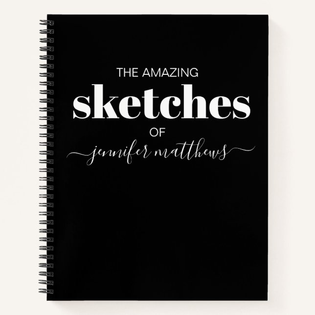 Black White Personalised Sketchbook Your Name Notebook (Front)