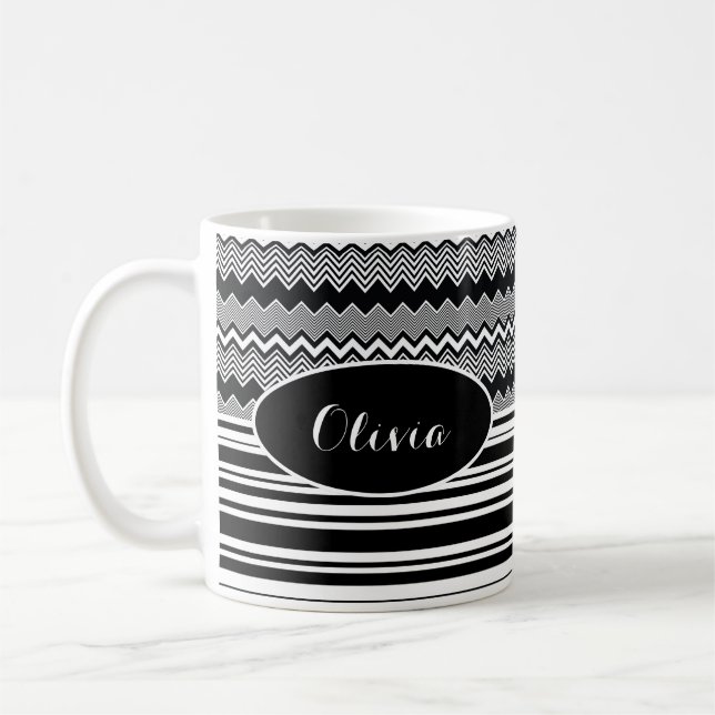 Black & White Personalised, Zig Zags and Stripes Coffee Mug (Left)