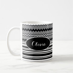 Black & White Personalized, Zig Zags and Stripes Coffee Mug