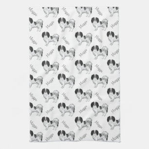 Black White Phalène Dog Pattern With Dog's Name Tea Towel