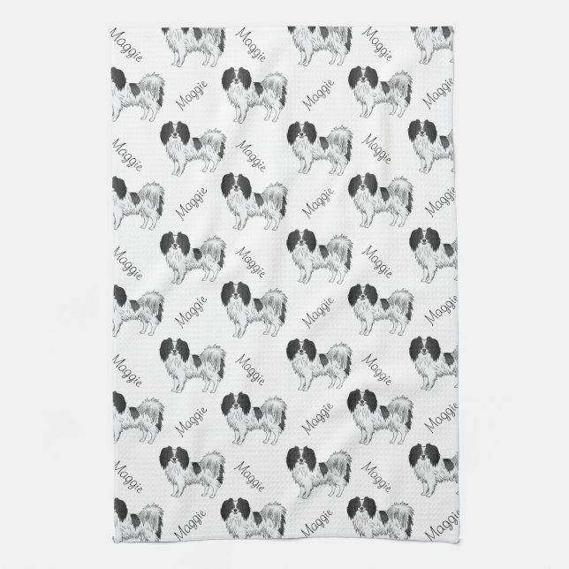 Black White Phalène Dog Pattern With Dog's Name Tea Towel (Vertical)