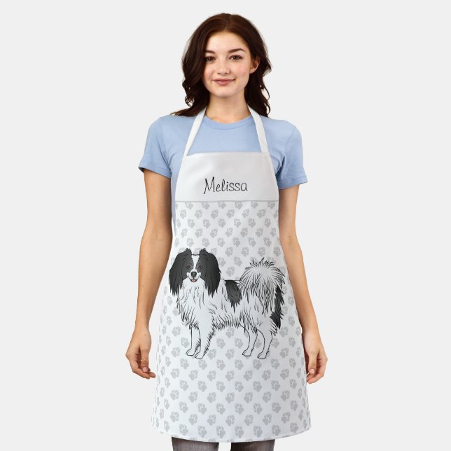 Black White Phalène Dog With Paws Cute Dog Lovers Apron (Worn)