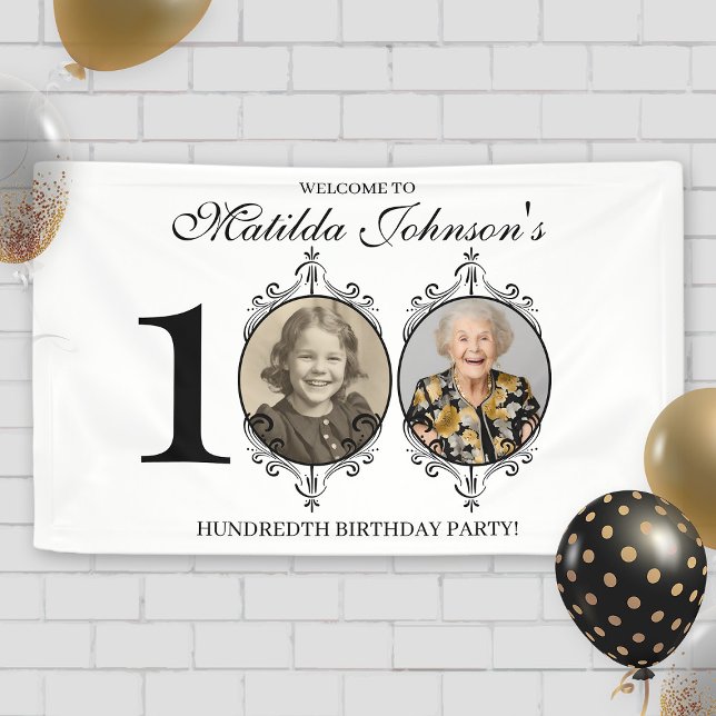 Black White Photo 100th Birthday Party Welcome Banner (Black White Photo 100th Birthday Party Welcome Banner)