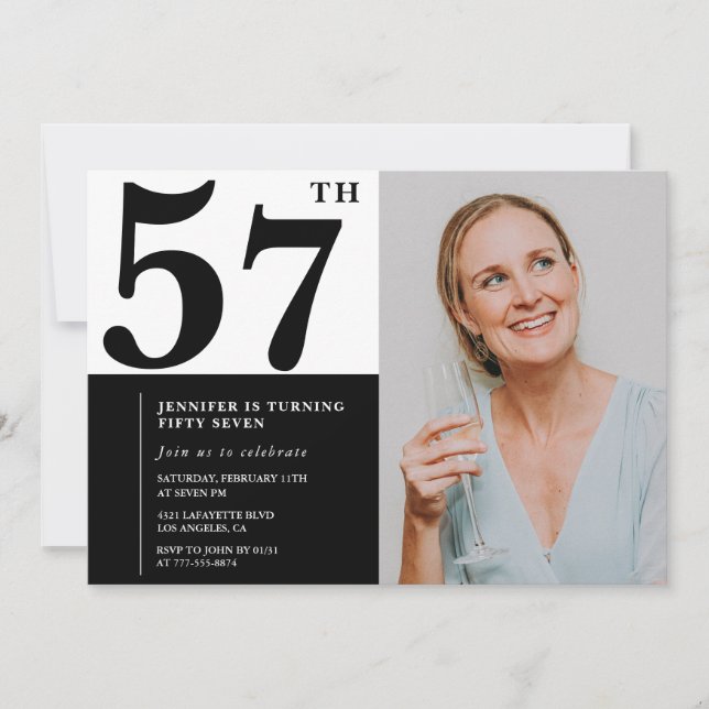Black White Photo 57th Birthday Invitations (Front)