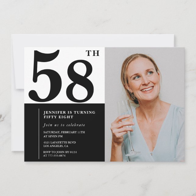 Black White Photo 58th Birthday Invitations (Front)