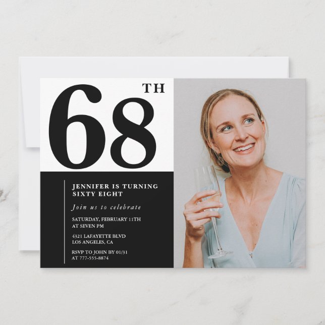 Black White Photo 68th Birthday Invitations (Front)