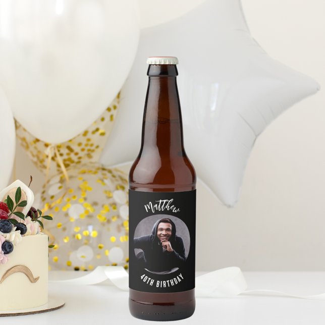 Black white photo birthday party beer bottle label (Creator Uploaded)