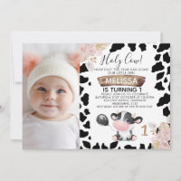 Black White Photo Boho Floral Holy Cow Birthday