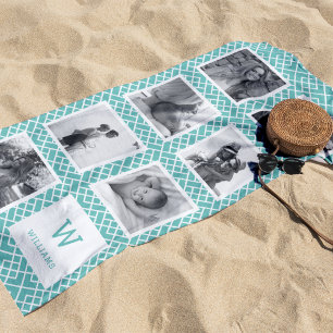 Black & White Photo Collage   Aqua Monogram Beach Towel