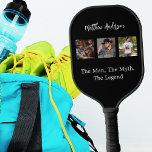 Black white photo collage man myth legend pickleball paddle<br><div class="desc">A classic black background.  Personalise and add 3 photos and name.  Text: The Man,  The Myth,  The Legend.
For the man in your life,  husband,  father,  friend,  brother.</div>
