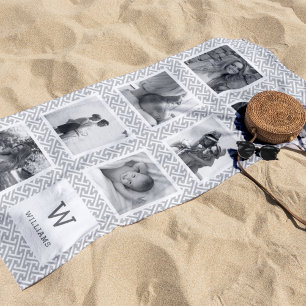 Black & White Photo Collage Monogram Beach Towel