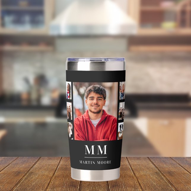 Black white photo collage monogram name guy insulated tumbler (Creator Uploaded)