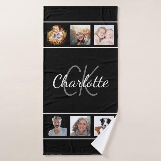 Black white photo collage monogram script bath towel (Bath Towel)