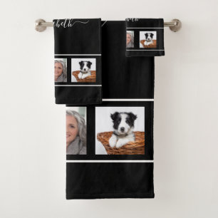 Black White photo collage monogram script Bath Towel Set