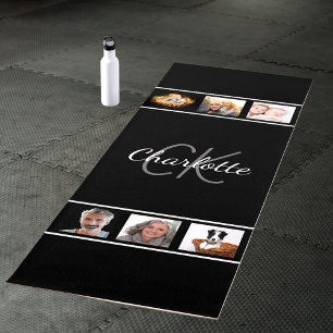 Black white photo collage monogram script yoga mat