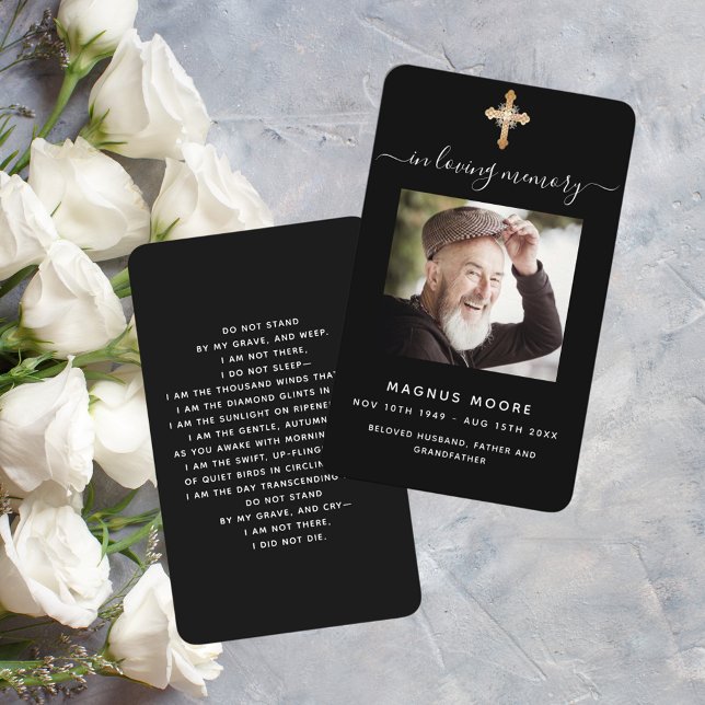 Black white photo cross funeral prayer card (Creator Uploaded)