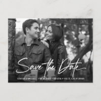 Black white Photo Engagement Save The Date script