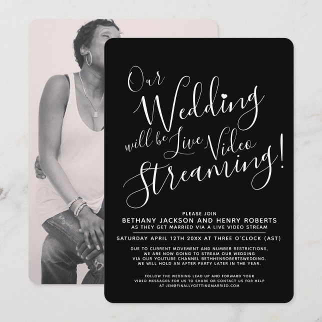 Black white photo live streaming wedding invitation (Front/Back)