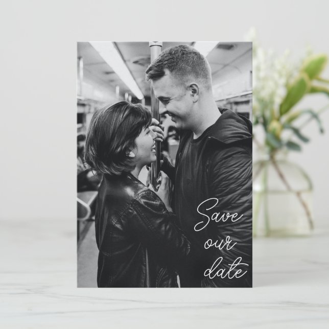 Black White Photo Modern Handwriting Wedding Save The Date (Standing Front)