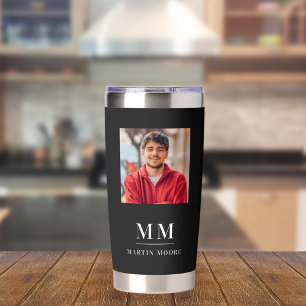Black white photo monogram initials name guy insulated tumbler