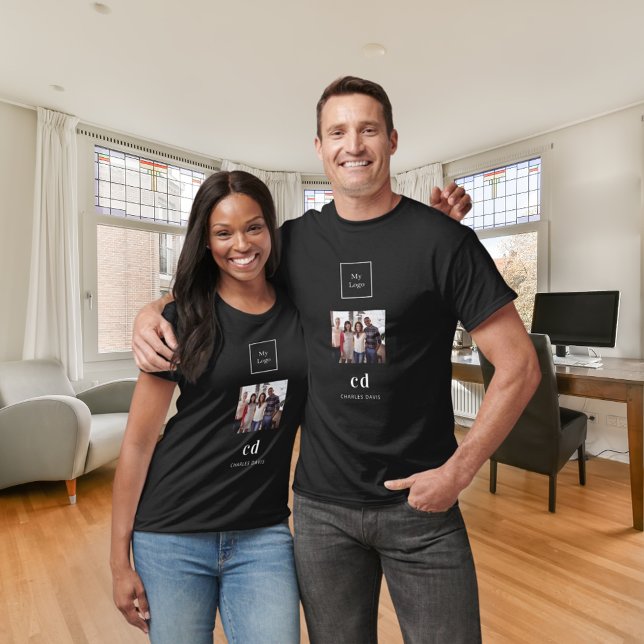 Black white photo monogram name logo business T-Shirt (Creator Uploaded)