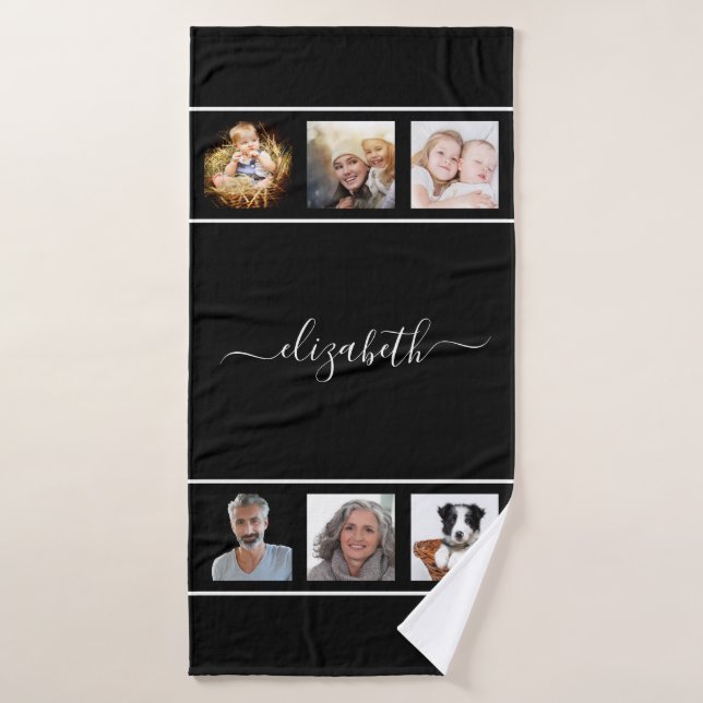 Black White photo monogram name script Bath Towel (Bath Towel)