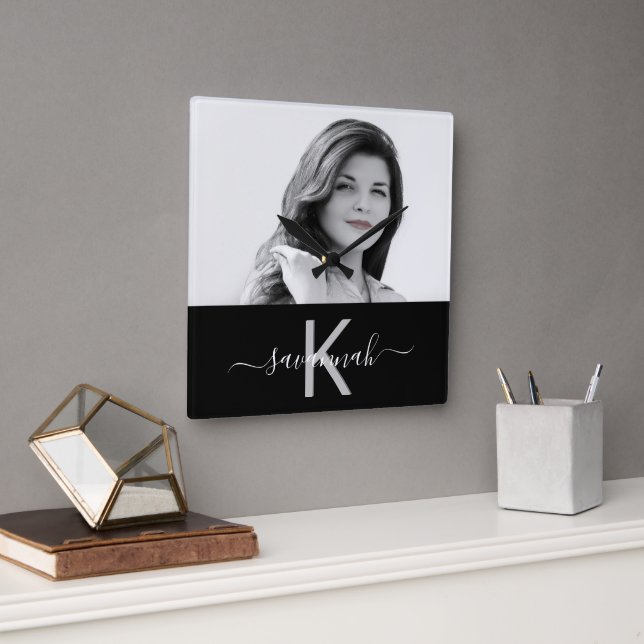 Black white photo monogram name script square wall clock (Office)