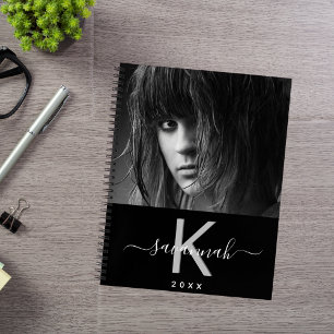 Black white photo monogram script notebook