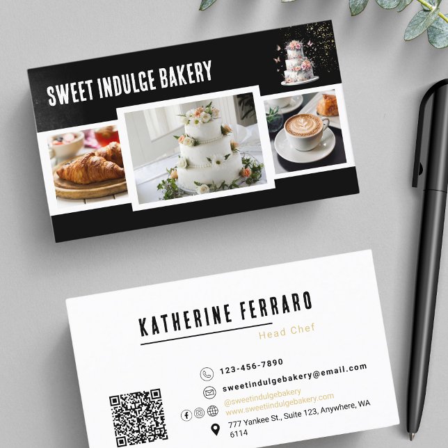 Black White Photo QR Code Bakery  Business Card (Creator Uploaded)