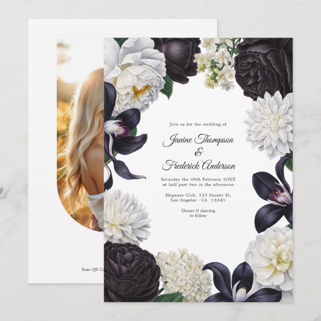 Black & White Photo/QR Code Floral Wedding Invitation (Front/Back)