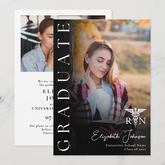 Black White Photo RN Nurse Graduation Announcement (Front/Back)