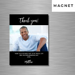 Black white photo thank you magnet<br><div class="desc">A classic black background colour.  White,  large hand lettered script and the text: Thank You. Personalise and add your photo,  thank you note and name. For both him and her.</div>