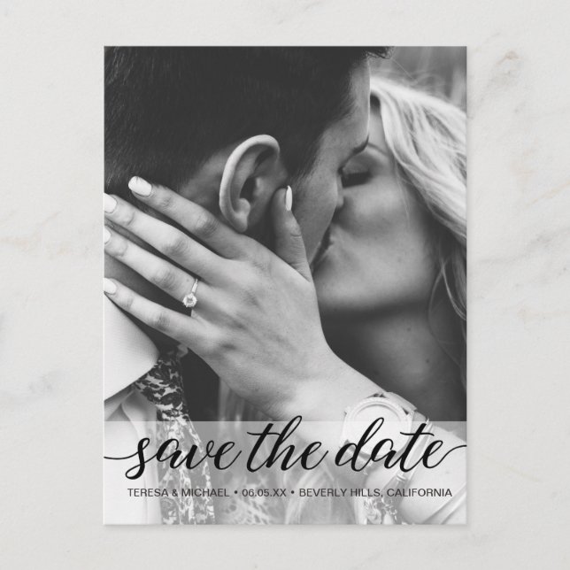 Black white Photo Vertical Save the date Script Postcard (Front)