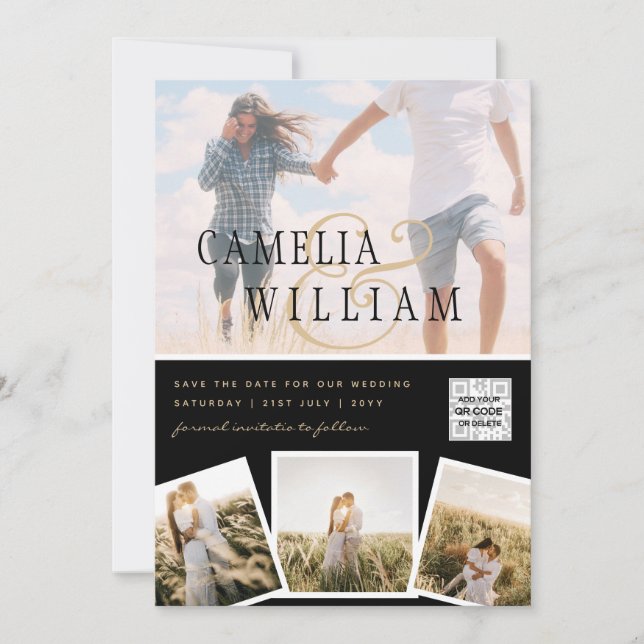 Black White PHOTO Wedding Invite QR CODE Save Date (Front)