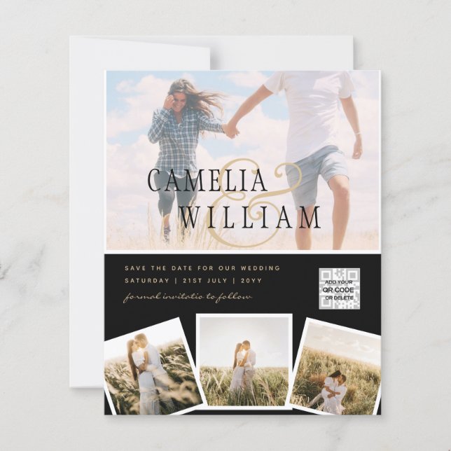 Black White PHOTO Wedding Invite QR CODE Save Date (Front)
