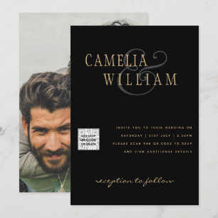 Black White PHOTO Wedding Invite QR CODE Save Date