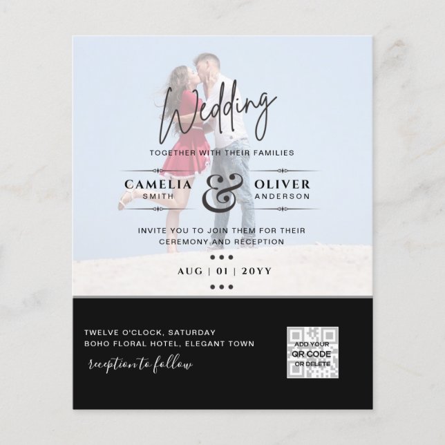 Black White PHOTO Wedding Invite QR CODE Save Date Flyer (Front)