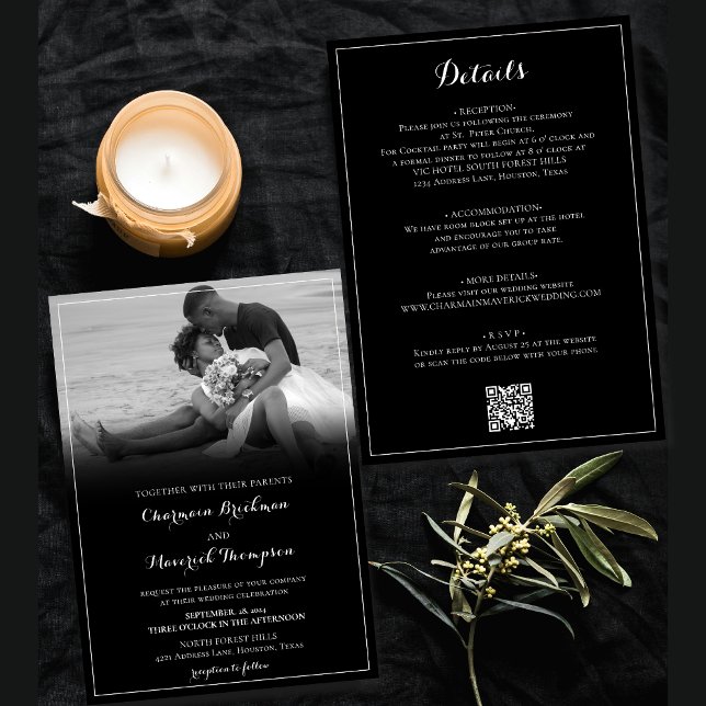 Black & White Photo, White Boarder QR code Wedding Invitation (Creator Uploaded)