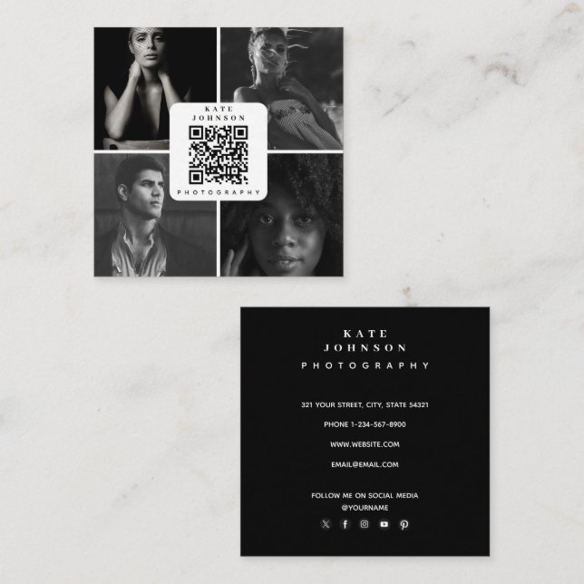 Black & White Photographer 4 Photos QR Code Square Business Card (Front/Back)