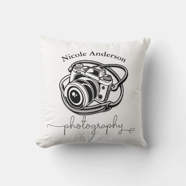 Black White Photography Camera Logo Graphic Cushion (Front)