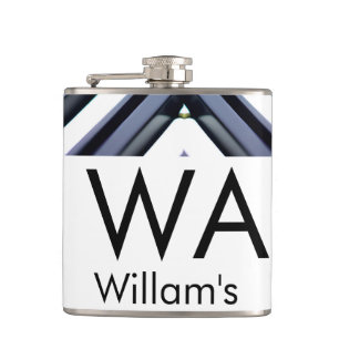 Black white piano keys add name initial letter mon hip flask