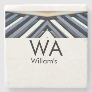 Black white piano keys add name initial letter mon stone coaster