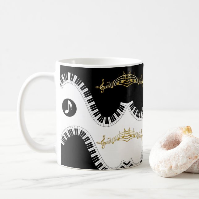 Black White Piano Music Notes Mug (With Donut)