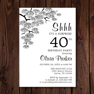 Black White Pine Branch Surprise 40th Birthday Invitation