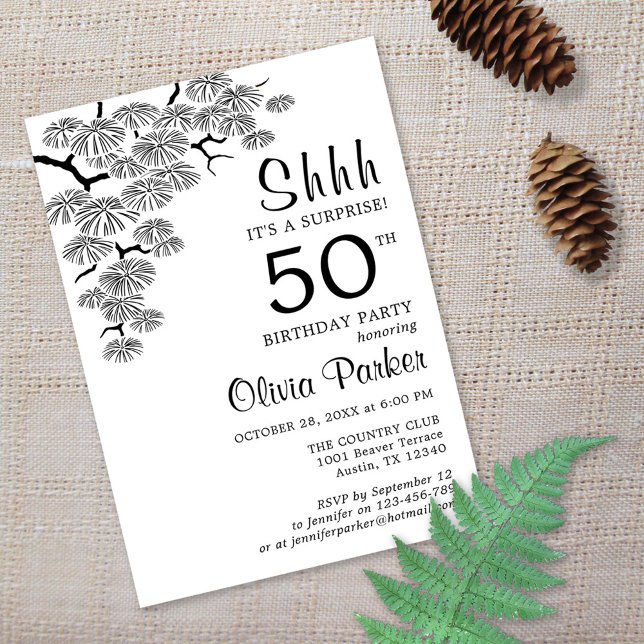 Black White Pine Branch Surprise 50th Birthday Invitation (Creator Uploaded)